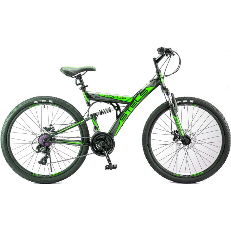

Велосипед взрослый STELS Focus MD 26 21-sp V010 (2018) чёрный/зелёный