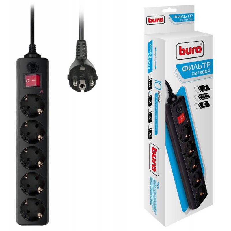 

Сетевой фильтр Buro 500SH-3-B 3м, 5 розеток, черный