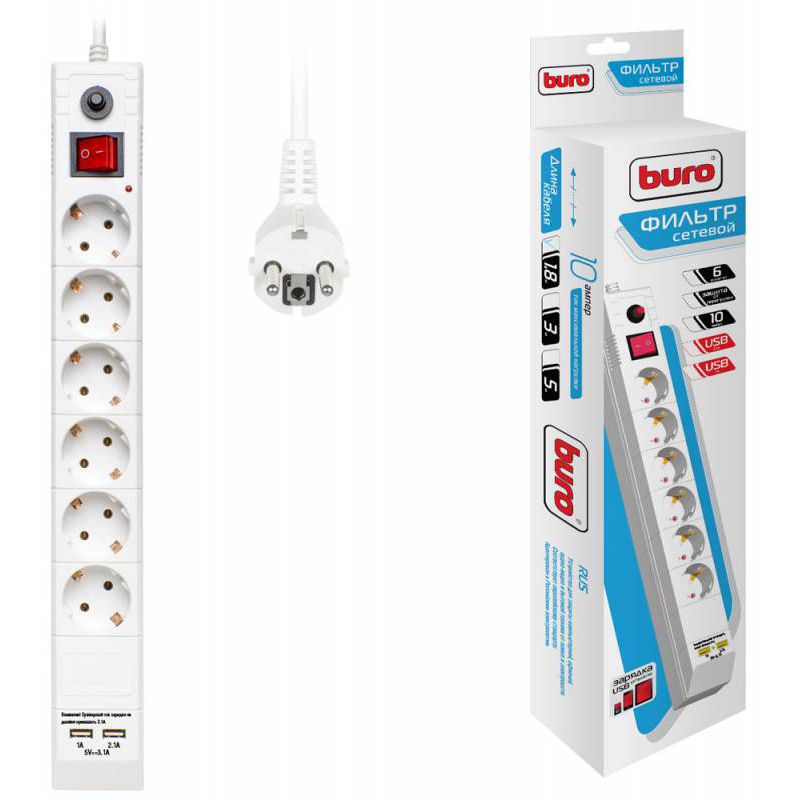 

Сетевой фильтр Buro BU-SP1.8_USB_2A-W 1.8м, 6 розеток, белый
