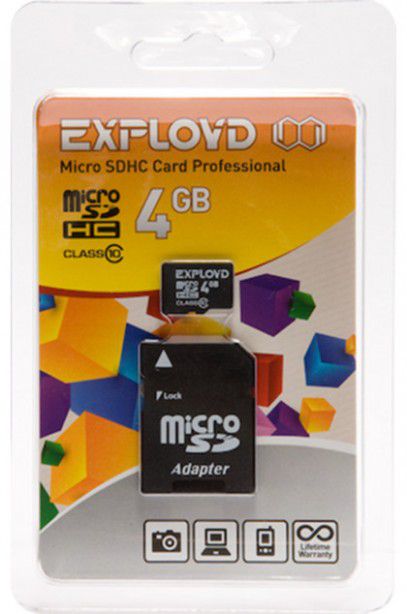 

Карта памяти Exployd MicroSDHC 4GB Class10 (+ адаптер SD)