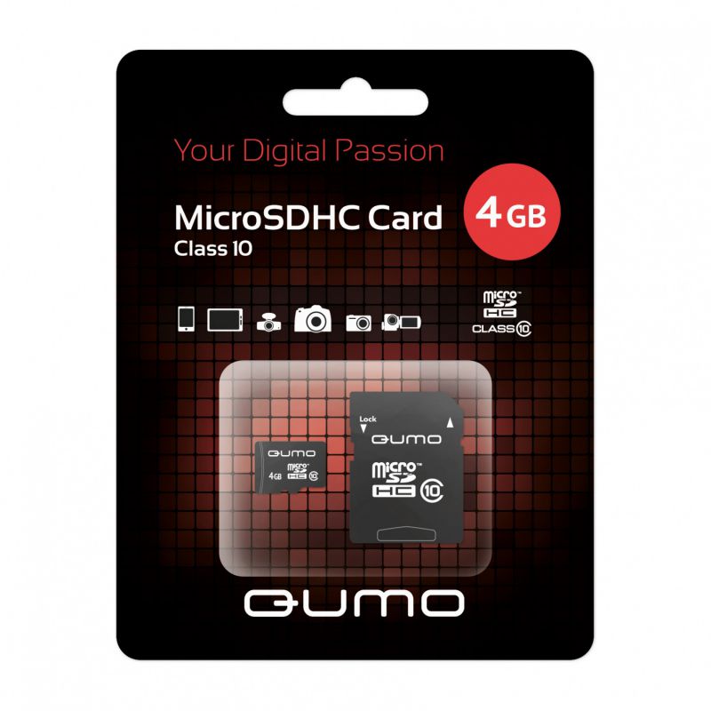 

Карта памяти Qumo MicroSDHC 4GB Class10 (+ адаптер)