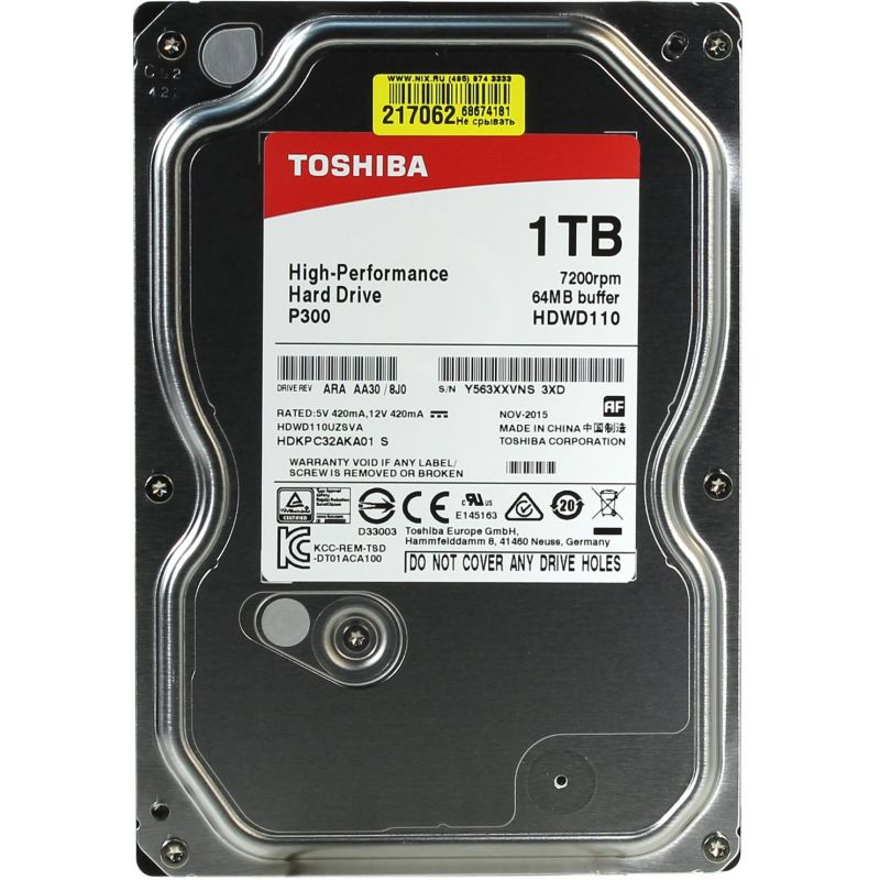 

Жесткий диск Toshiba P300 SATA-III/1Tb/7200rpm/64Mb/3.5 (HDWD110UZSVA)
