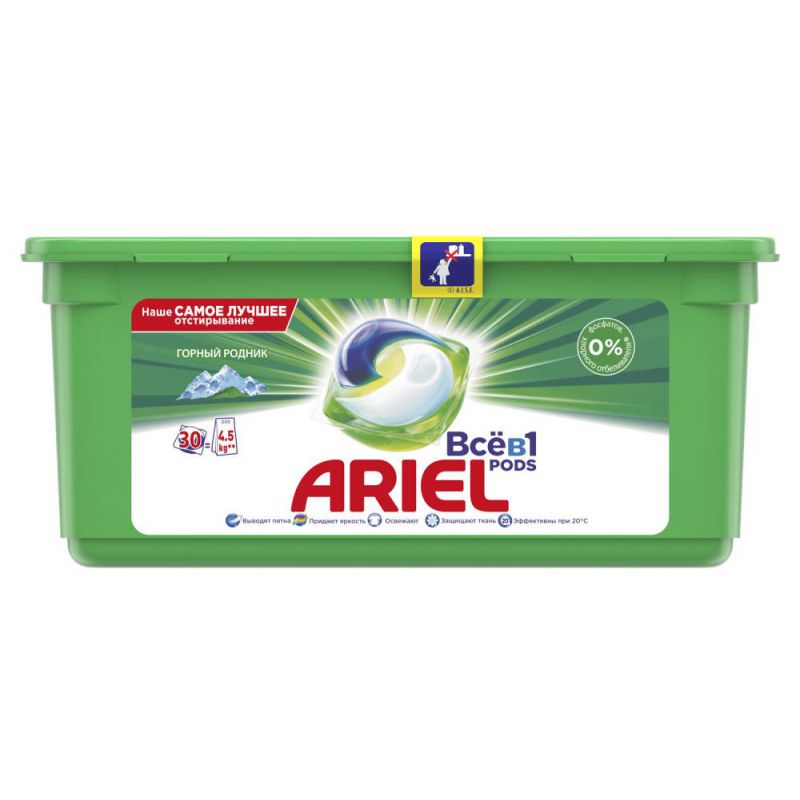 

Средство для стирки Ariel Горный родник Всё в 1 Капсулы для стирки 30шт (81719674)
