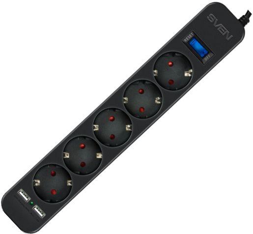 

Сетевой фильтр SVEN SF-05LU 1,8м (5 роз, 2*USB(2,4А)) черный