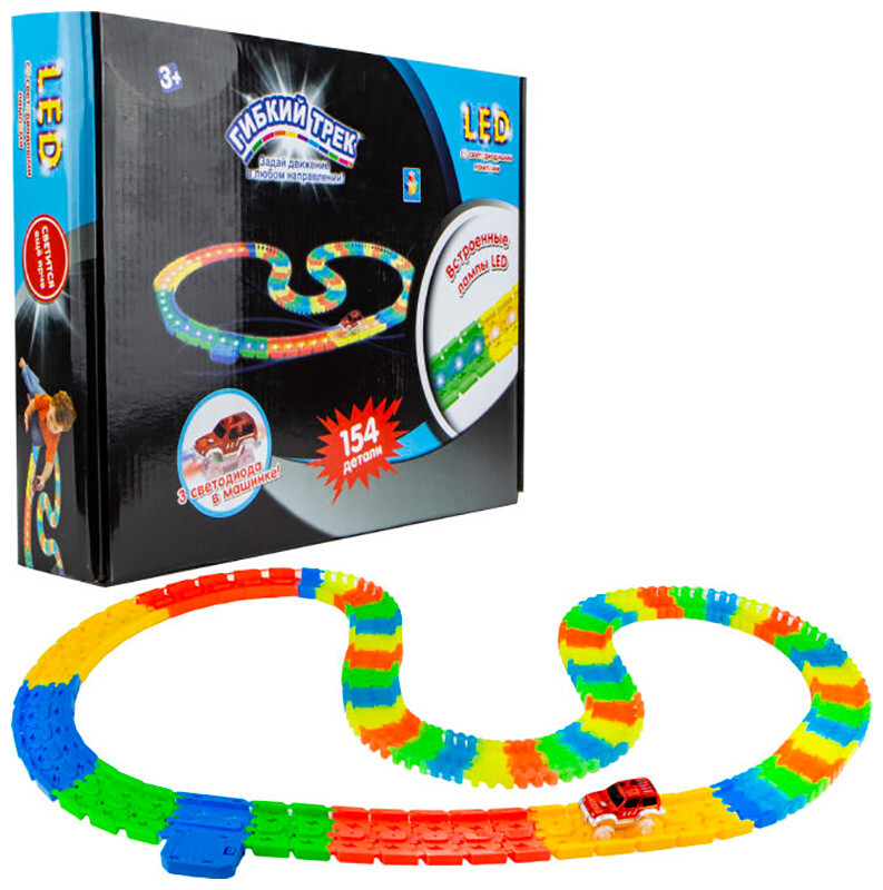 

Игрушечный транспорт 1 TOY Гибкий трек LED 154 дет. (31 дет.c LED) 1 машинка с 3 ламп. (Т16525)