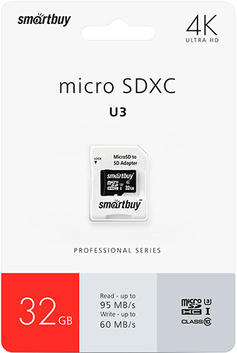 

Карта памяти Smartbuy MicroSDHC 32GB Class10 PRO U3 (с адаптером SD)