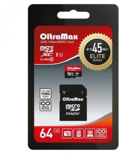 

Карта памяти Oltramax MicroSDXC 64GB Class 10 UHS-1 Elite (+ адаптер SD)